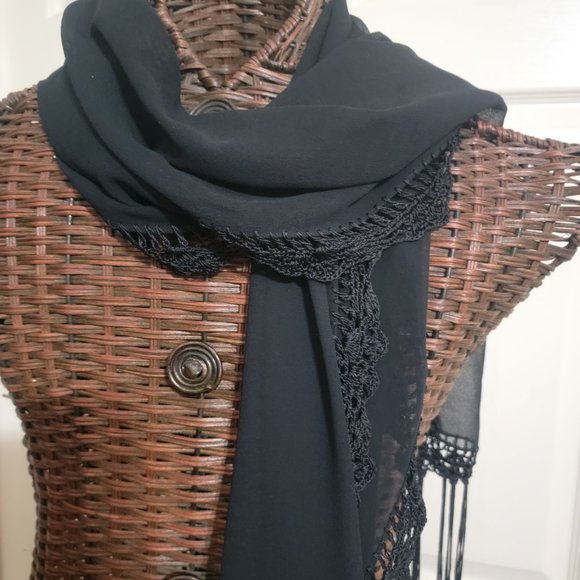 Large Black Shear Dress Scarf with Crotched Edges and Fringe - Picture 5 of 13